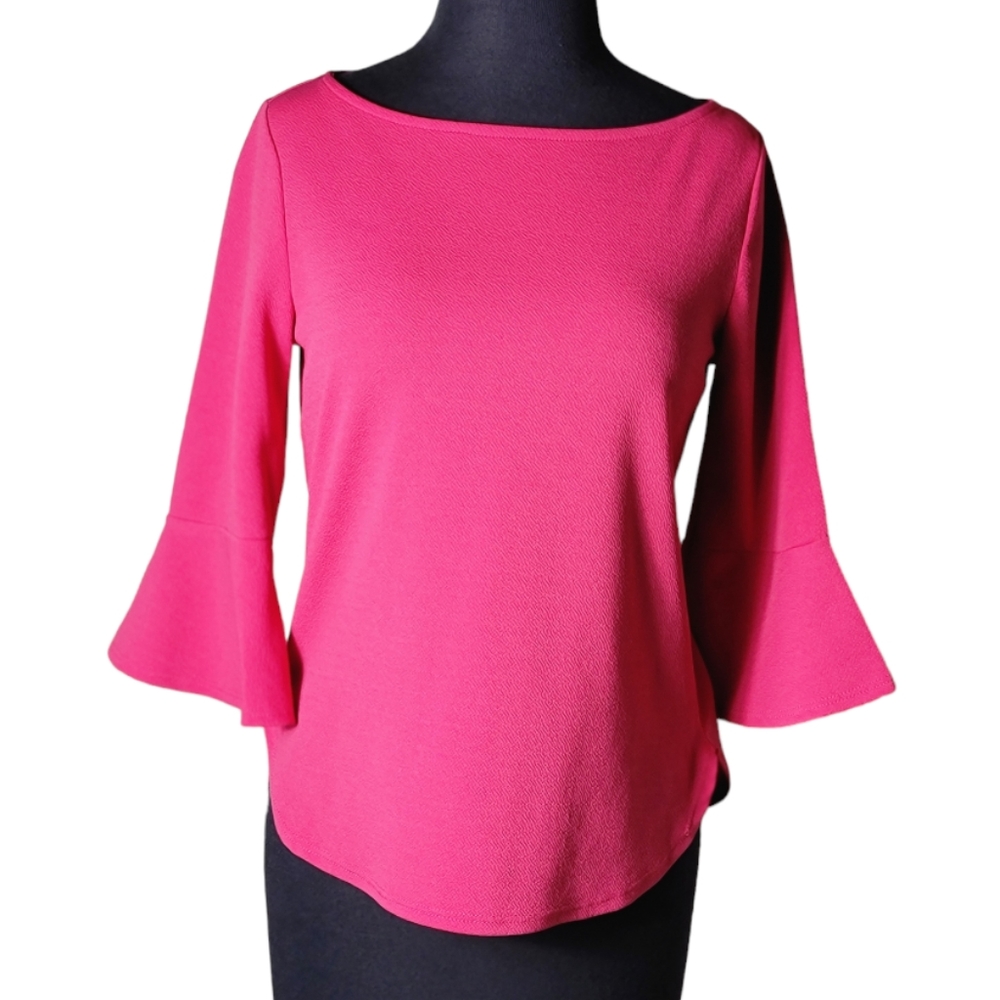 Green Envelope Anthropologie pink bell sleeve boatneck top size small back zip
